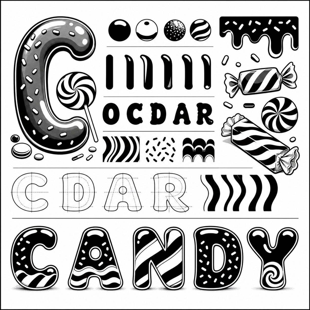 Planche inspiration noir et blanc Candy shop bubblegum packaging