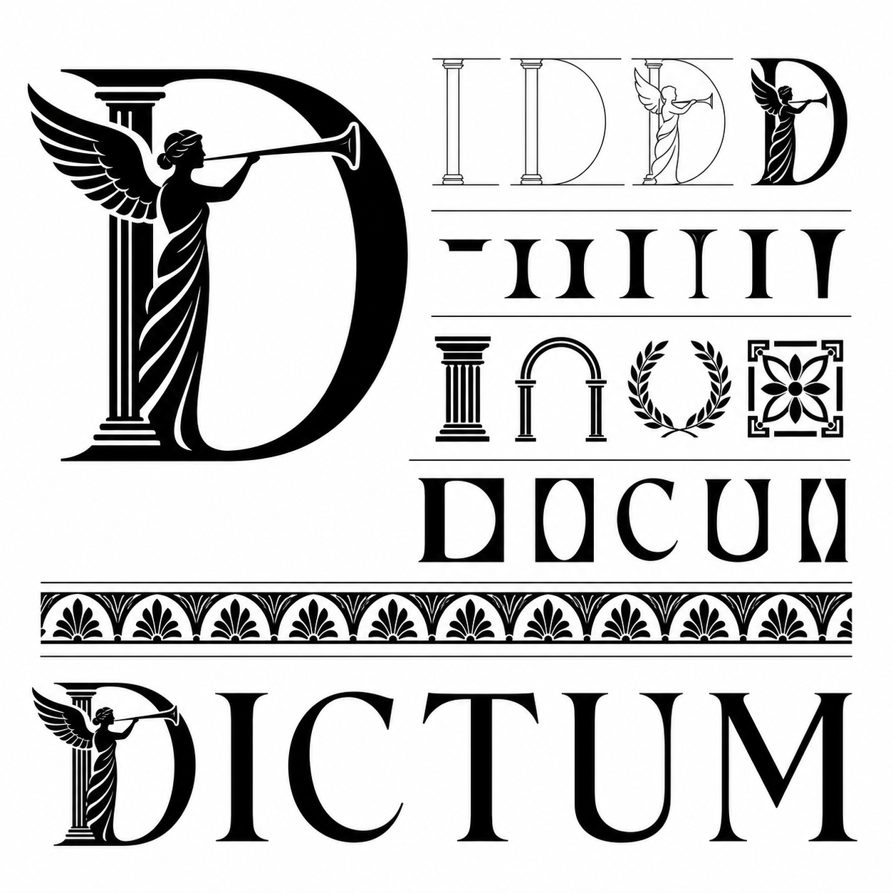 Planche inspiration noir et blanc Dictum antiquite romaine avec D deesse Fama et trompe