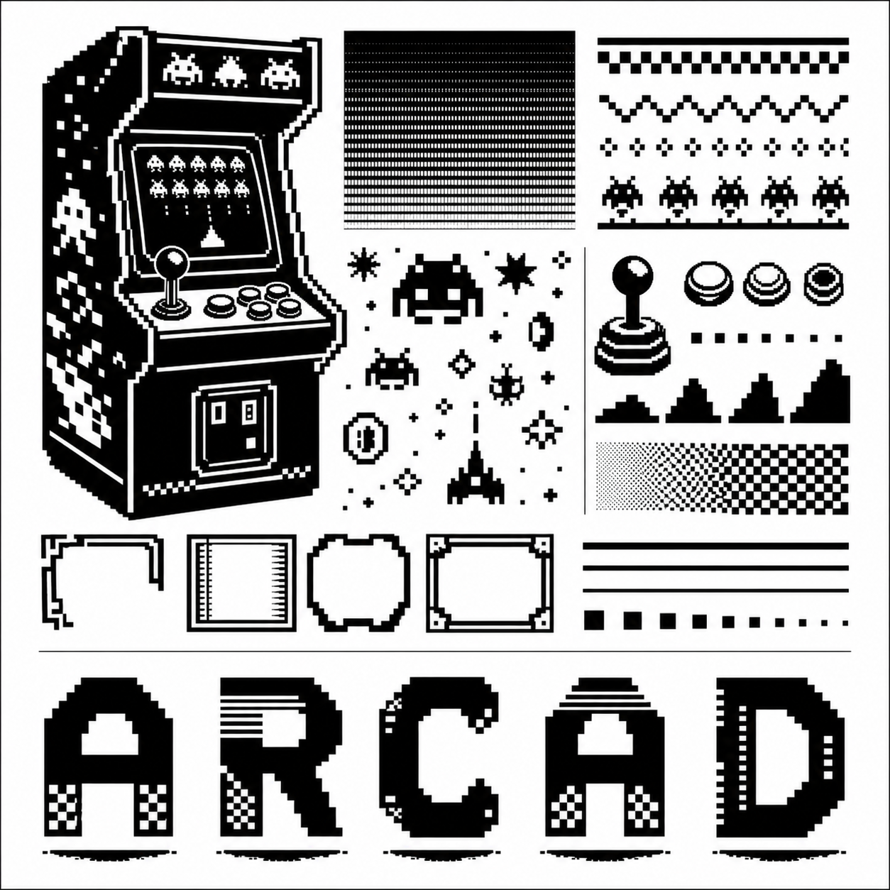 Planche inspiration noir et blanc Retro 8-bit arcade cabinet